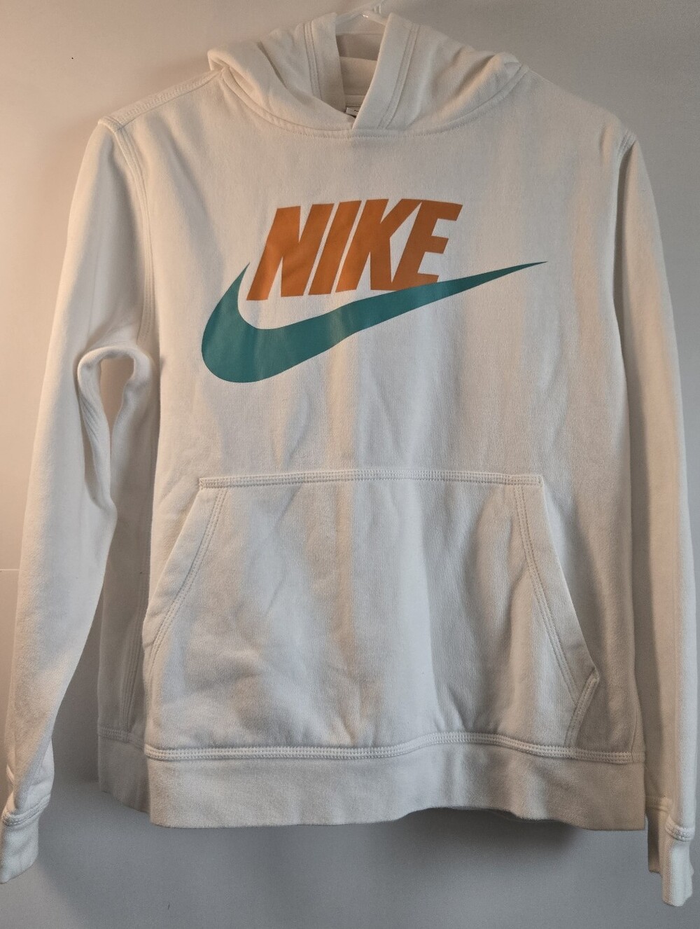 Nike Women's White Hoodie with Orange Logo and Teal Swoosh